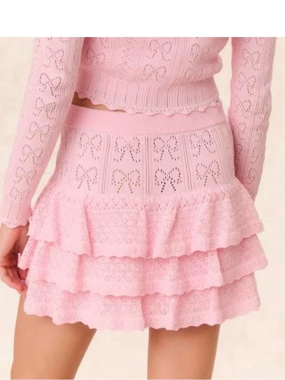 LoveShackFancy Ballerina Pink Baudin Bow Pointelle tiered knit mini skirt size L - Picture 2 of 16